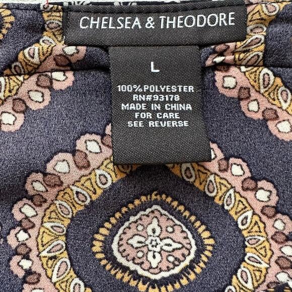 Chelsea & Theodore Blouse Top Navy Medallion Print Boat Neck Long Sleeve Large - Picture 2 of 12